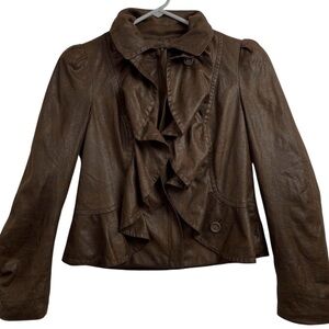 INC Women's Faux Leather Jacket L Ruffled Front Brown Short Coat Size Large